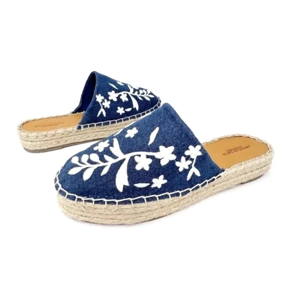 American Eagle Shoes Espadrilles Mules Embroidered Denim Blue White Size 9 New